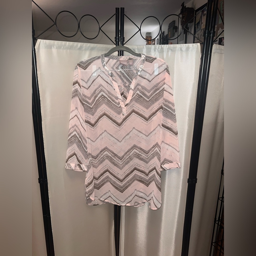 Chico's Pink Graphic 3/4 Sleeve Polo Blouse